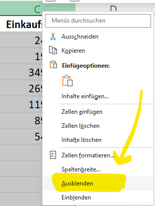 Excel Spalte ausblenden