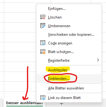 Excel Tabellenblatt ausblenden