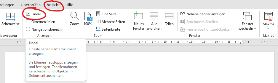 Word Lineal einblenden