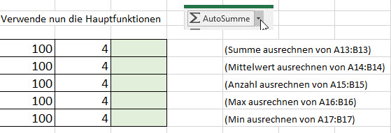 Excel Grundrechenarten und Hauptfunktionen
