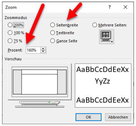 Word Zoomfunktion