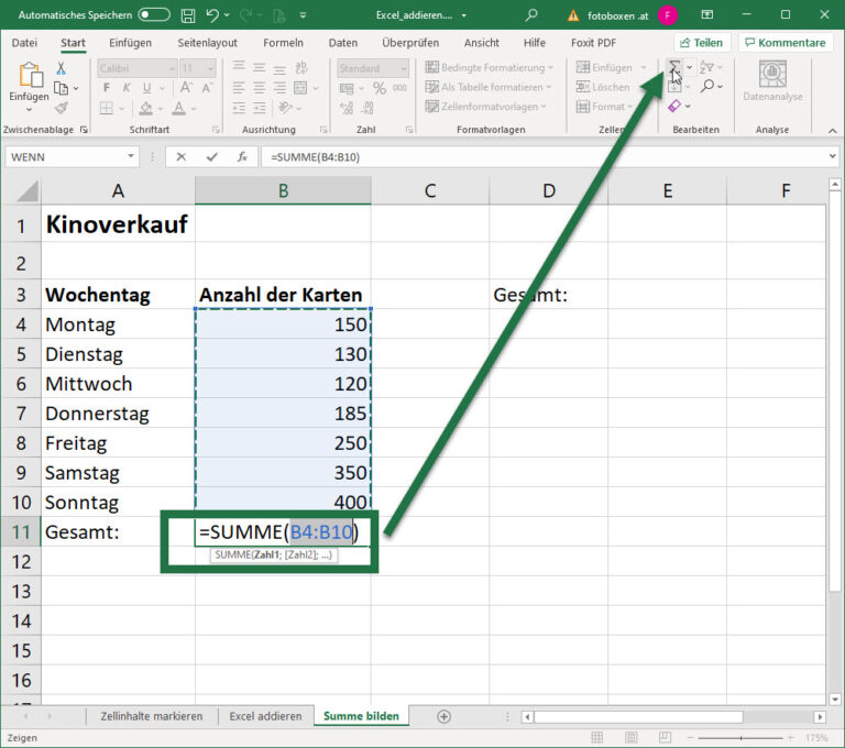 Excel addieren zusammenrechnen
