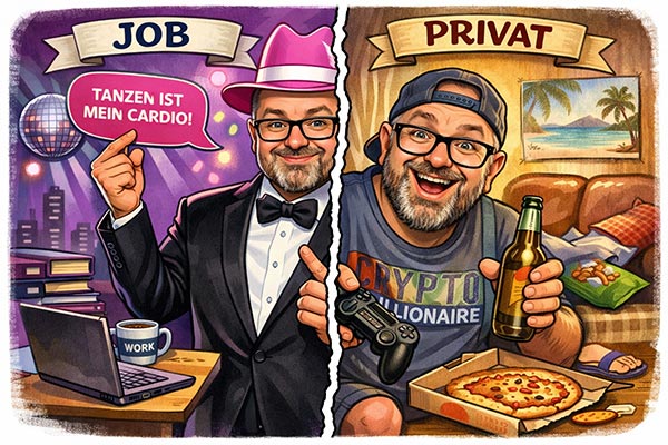 ChatGPT Karikatur Idee: Split Beruf und Privat